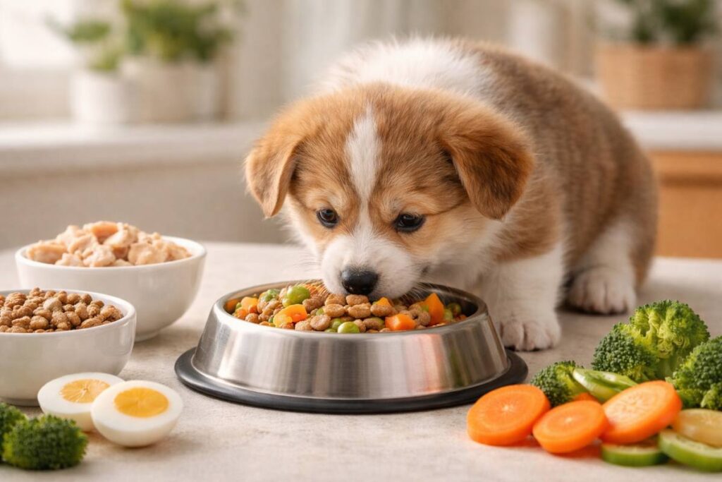 सही diet और feeding routine के साथ bowl से खाना खाता healthy puppy