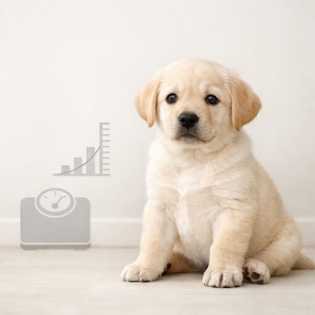 2 महीने का healthy puppy बैठा हुआ, पास में वजन और growth को दिखाने वाला simple scale