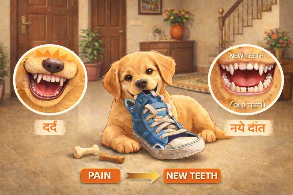 4 महीने के पप्पी में teething और chewing क्यों बढ़ जाती है ?
